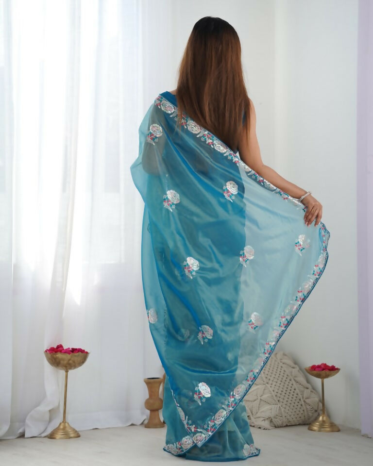 Teal Blue Gold Twill Net Multy Thread, Sequance Embroidery Work Saree - Kriti