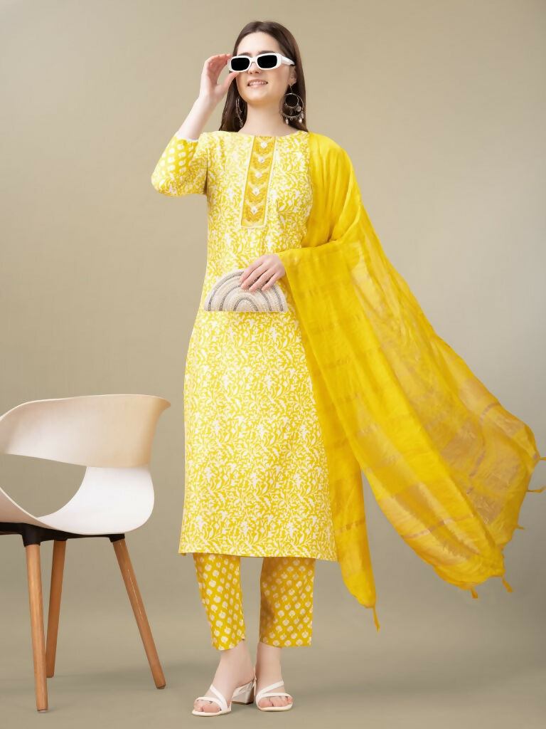 Jyoti Fashion Women's Yellow Rayon Embroidery & Sequence work Kurta with Trouser & Dupatta