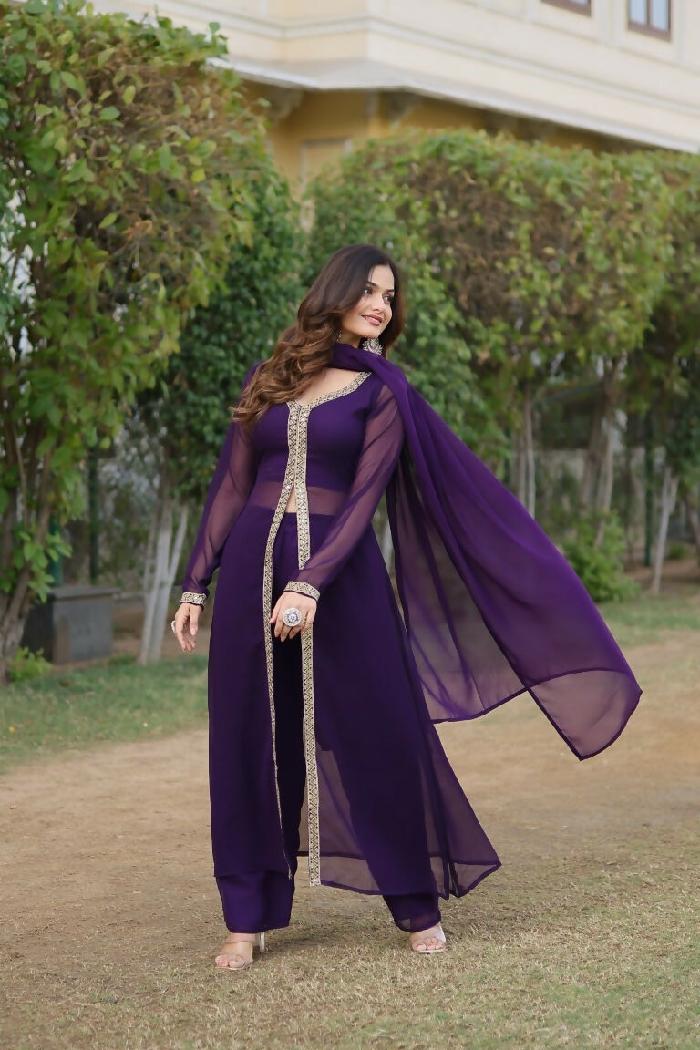 Jyoti Fashion Women's Purple Faux Blooming Embroidered Kurta with Trouser & Dupatta
