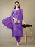 Jyoti Fashion Women's Purple Rayon Embroidery & Sequence work Kurta with Trouser & Dupatta