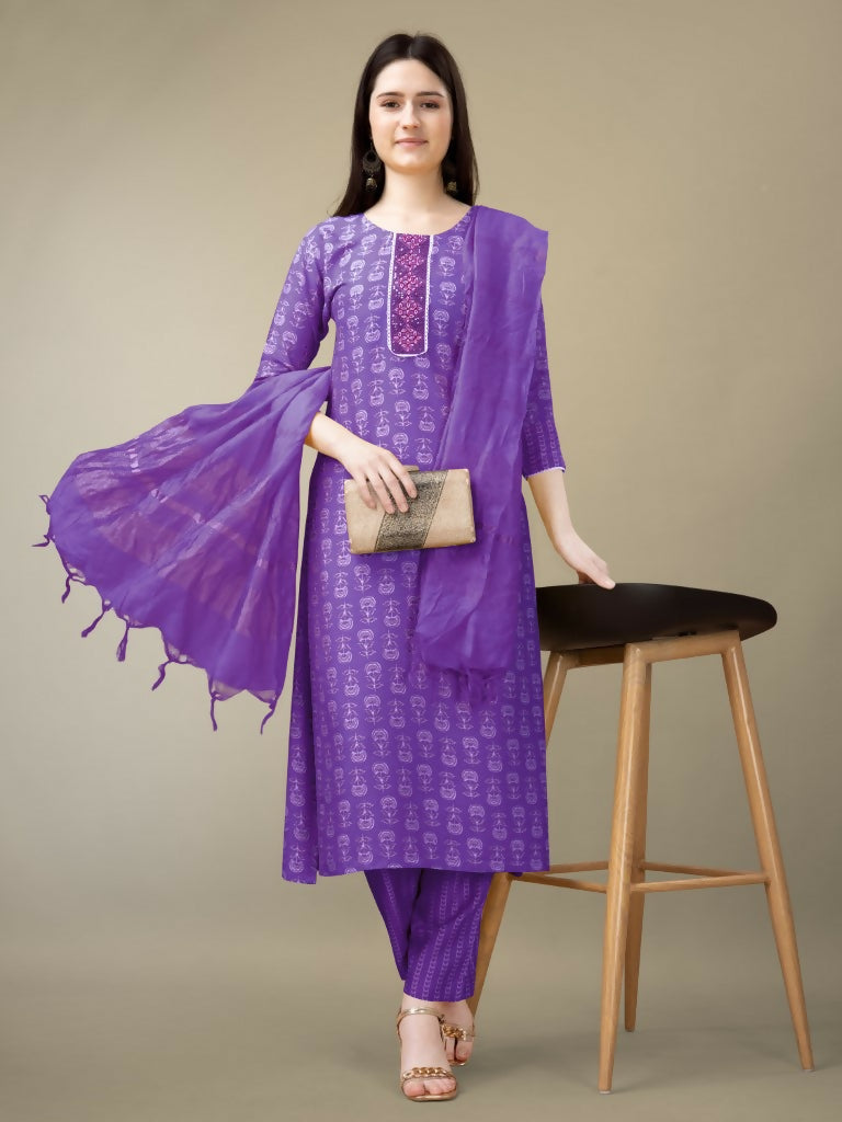 Jyoti Fashion Women's Purple Rayon Embroidery & Sequence work Kurta with Trouser & Dupatta