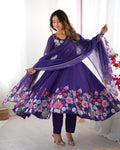 Evanik Purple Soft Organza Silk With Floral Print Fully Flared Anarkali Pant With Dupatta Set