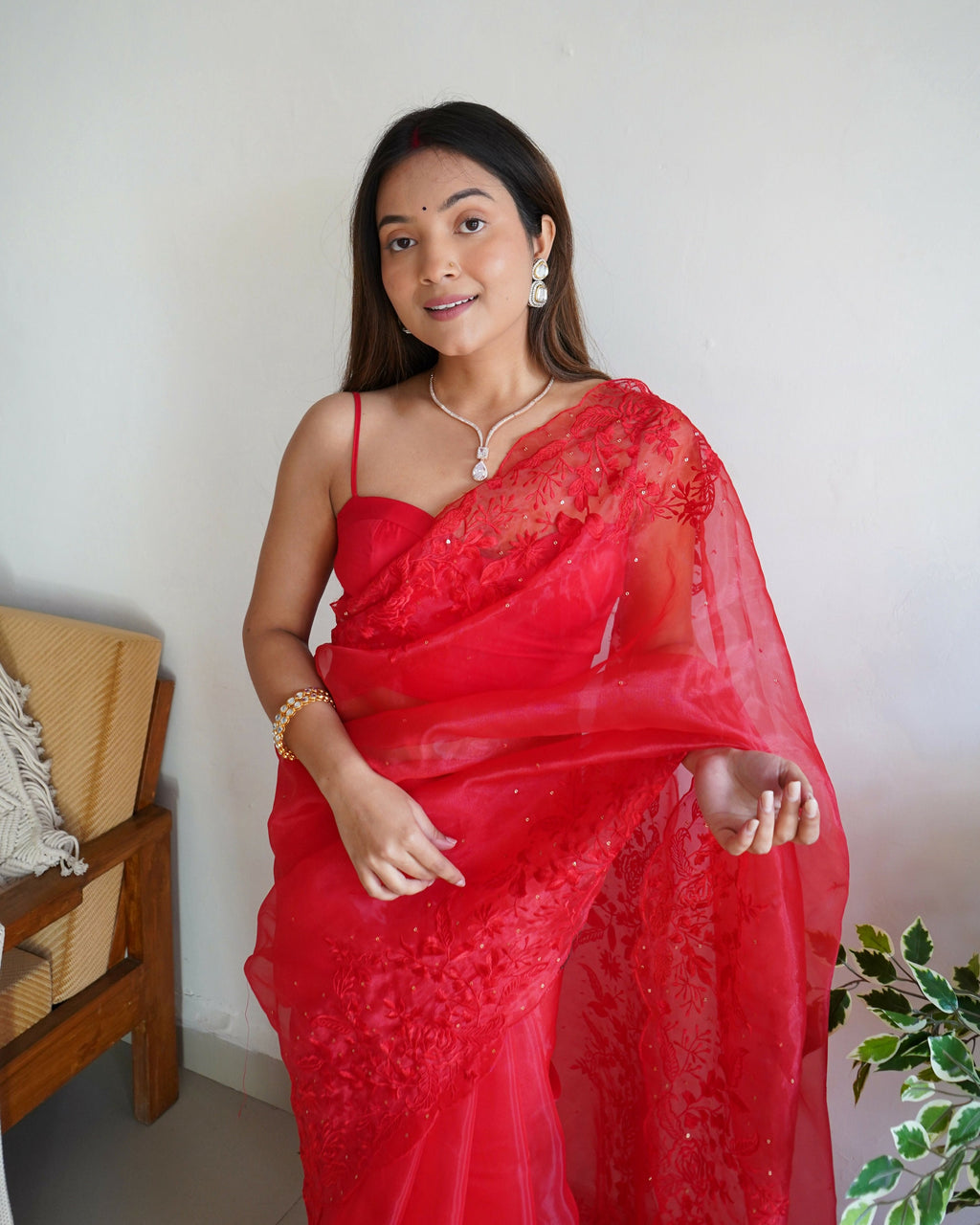 Vamsee Anushka Red Organza Saree