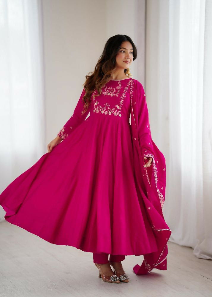 Joban Fashion Dark Pink Kurta Set Chanderi Sequence Embroidery Work