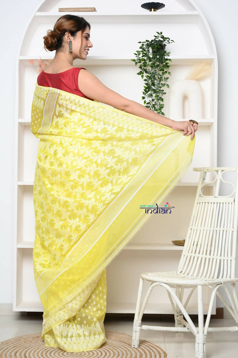 Very Much Indian Jamdhani Cotton Saree With Polka Dot Pallu - Lime Yellow