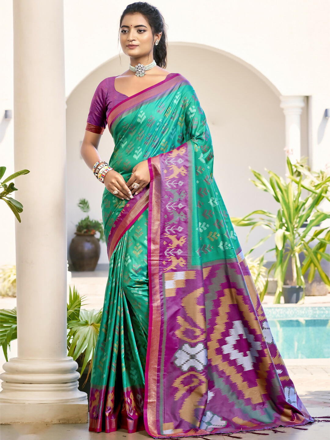 Shree Shyam Fashion Pochampalli Silk Rama Green Saree