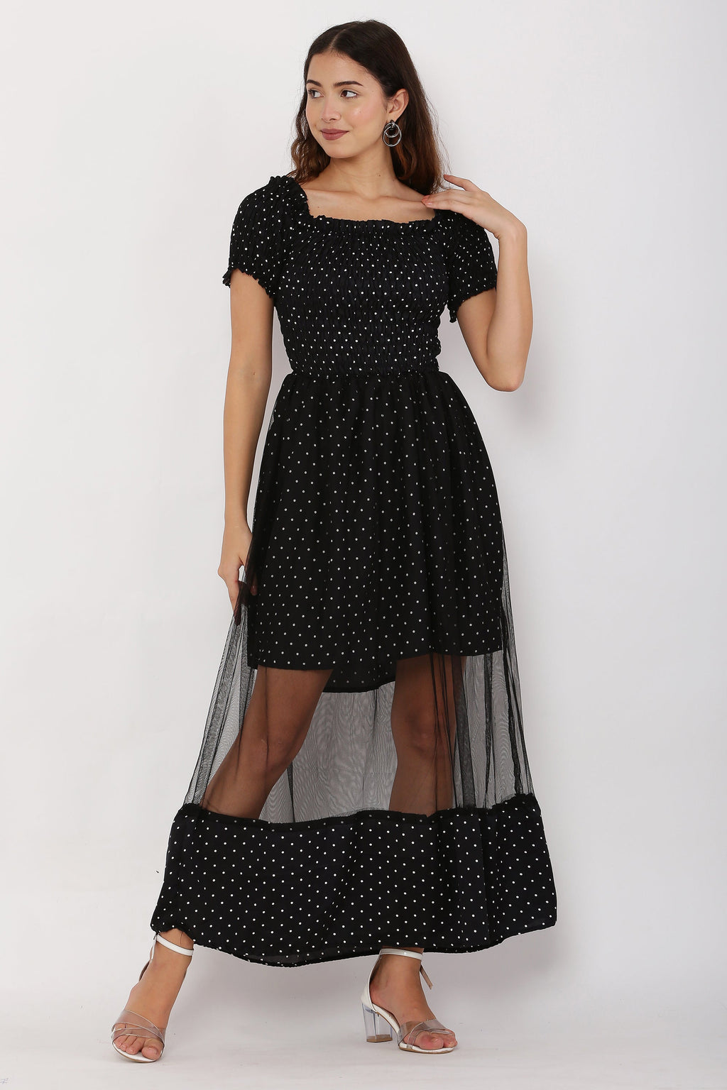 PAVONINE Black Color Micro Dot Net Kansai Dress For Women