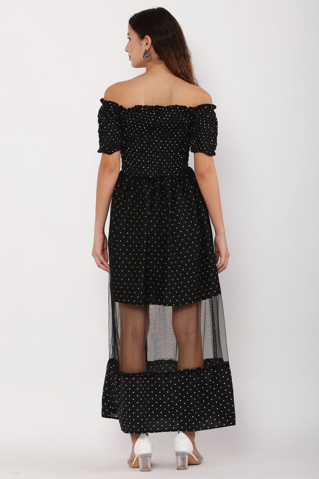 PAVONINE Black Color Micro Dot Net Kansai Dress For Women