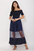 PAVONINE Navy Blue Color Star Dot Net Kansai Dress For Women