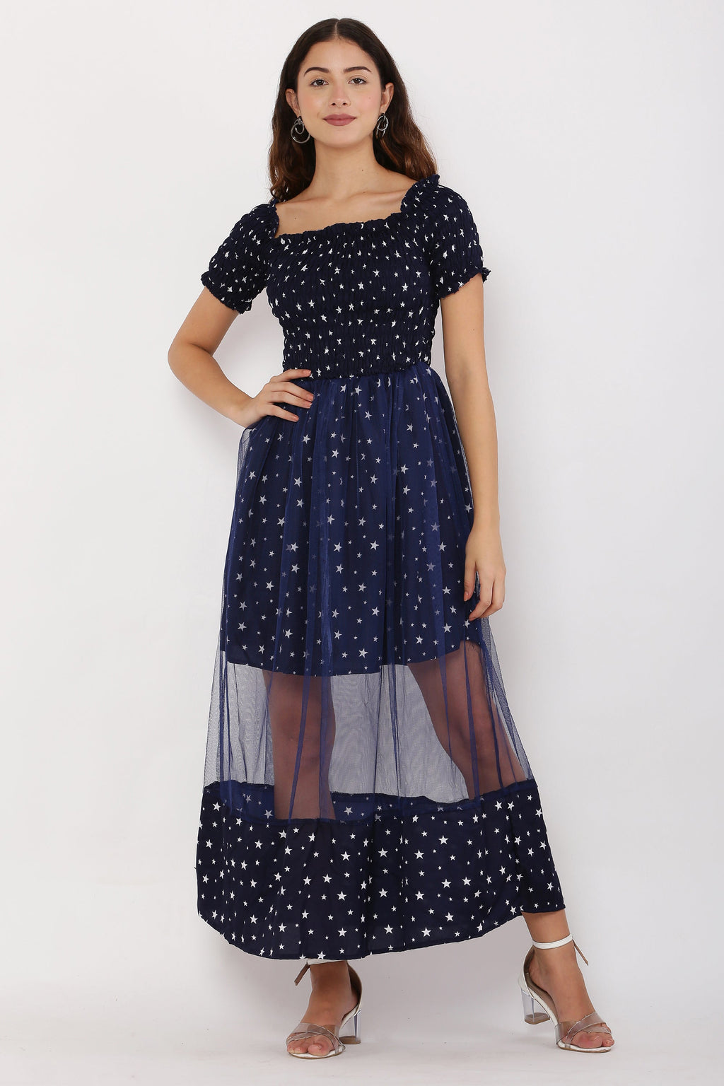PAVONINE Navy Blue Color Star Dot Net Kansai Dress For Women