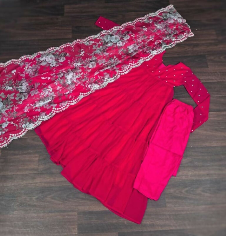 Jyoti Fashion Women's Pink Faux Blooming Butti Work Kurta with Trouser & Dupatta