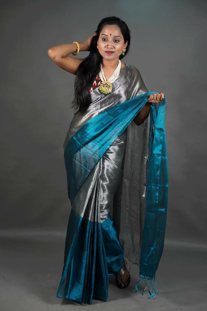 Exclusive Collection Beautiful Gray Green Tissue Silk Hand Weaving Handloom Saree With Running Blouse Piece