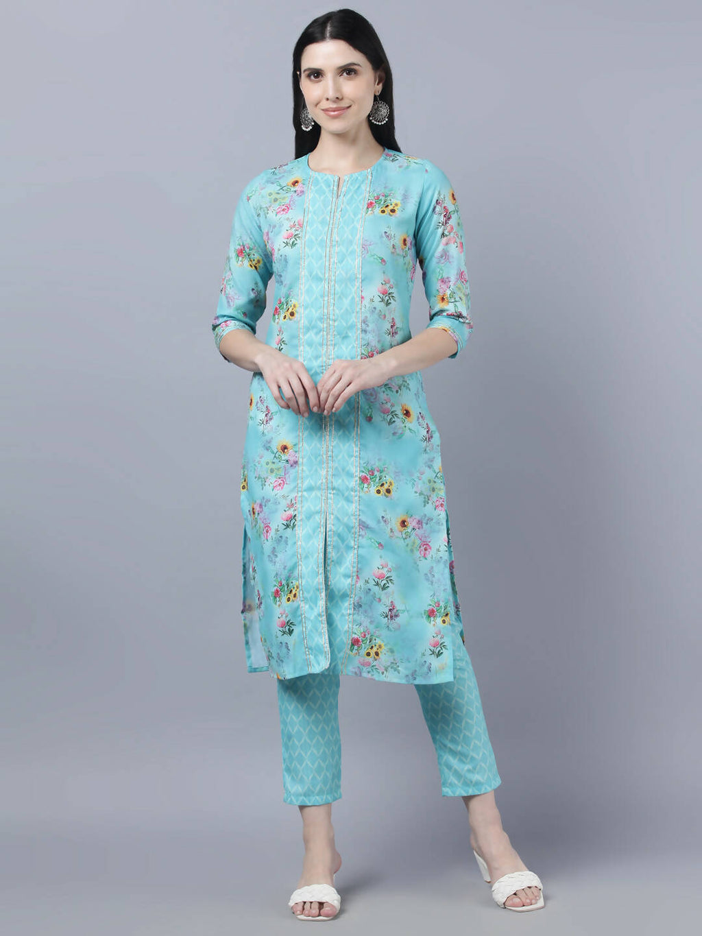 Myshka Women Blue Yellow Printed Kurta with Trousers