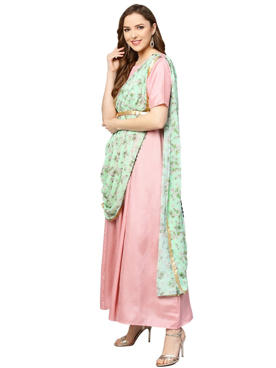 Ahalyaa Pink & Green Solid Maxi Dress with Attached Dupatta