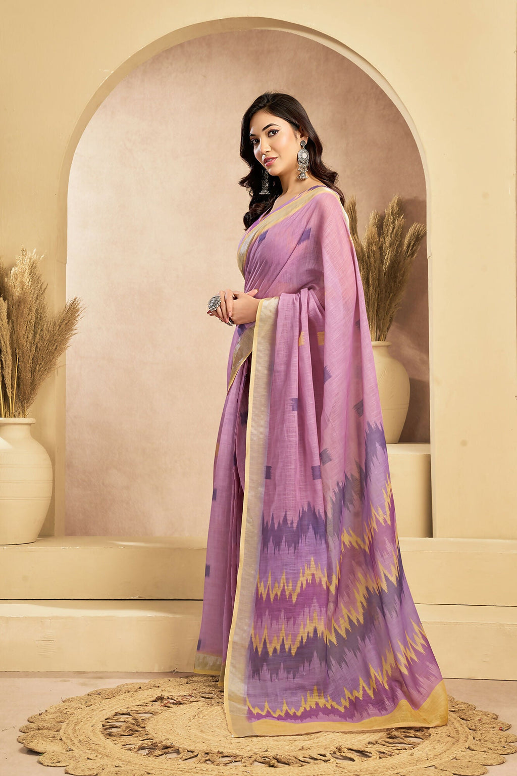 Vastranavya Onion Pink Digital Printed Linen Ready To Wear Pocket Saree with Unstitched Blouse