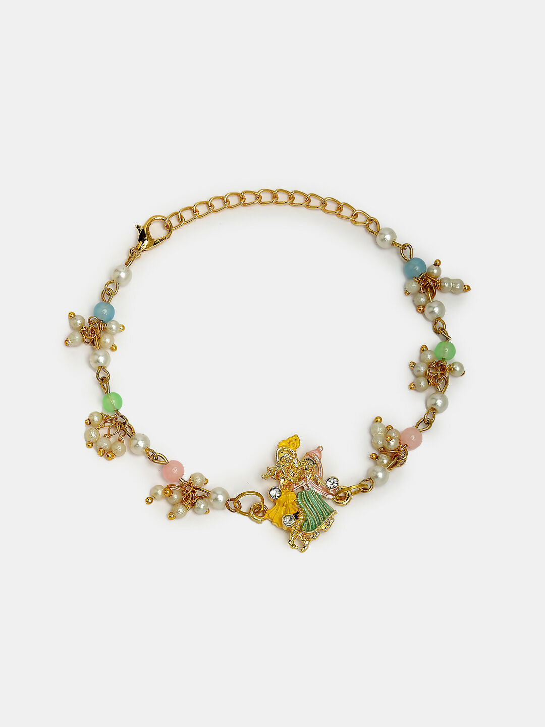 NVR Women & Men Set of 2 Multicolor Gold-Toned Radha Krishna Beaded Bhaiya Bhabhi Rakhi With Roli Chawal