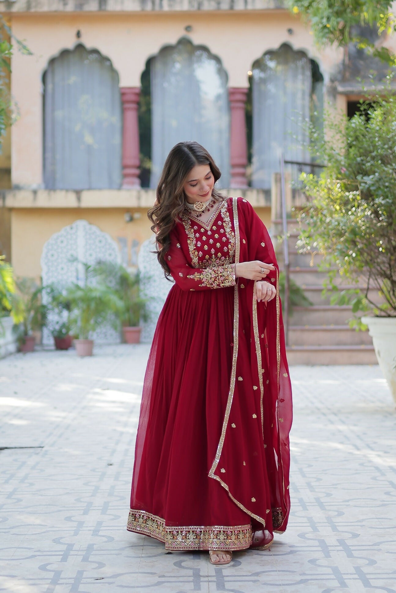 Joban Fashion Maroon Georgette Sequence Embroidery Work Kurta Set