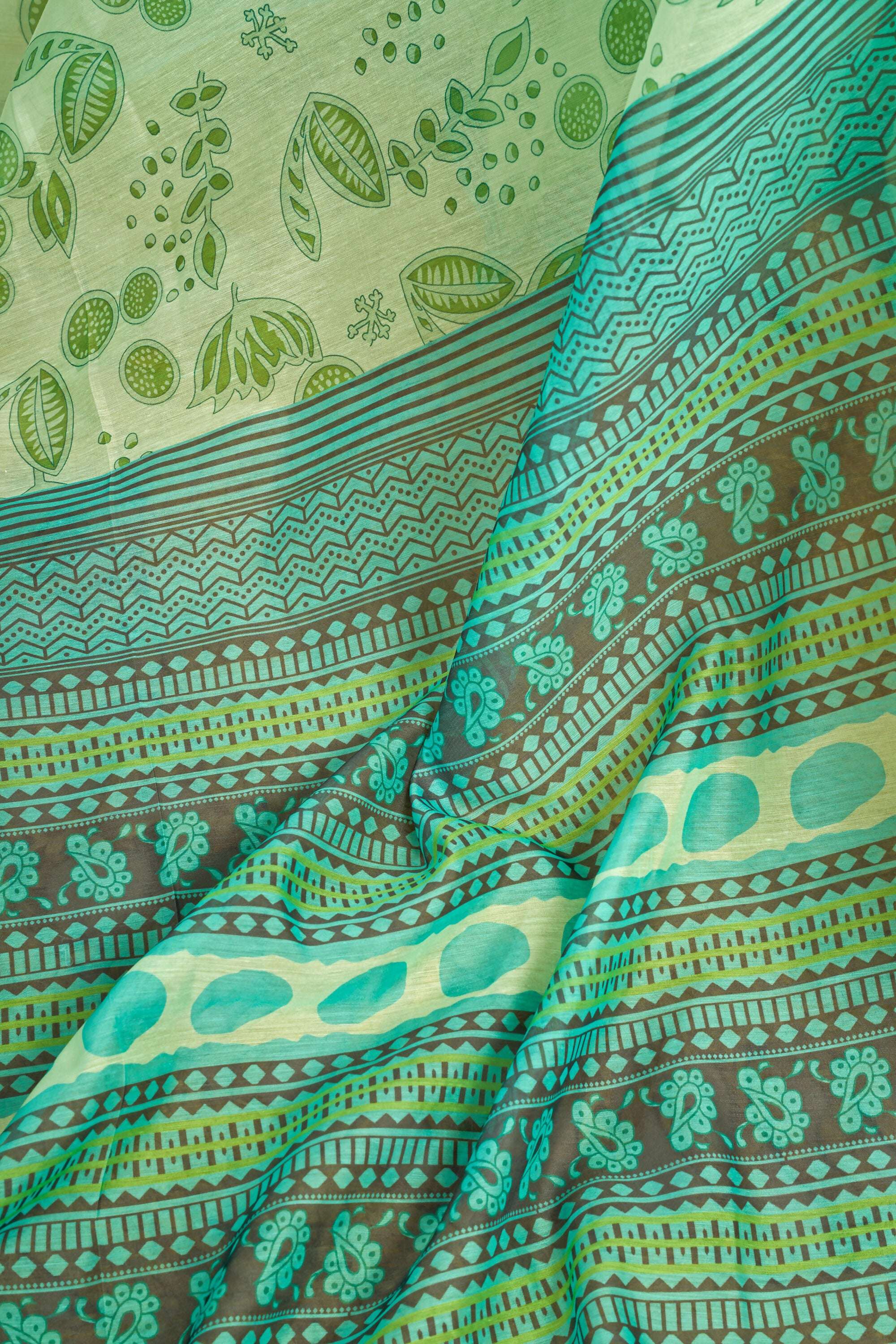 Vastranavya Mint Green Digital Printed Linen Ready To Wear Designer Saree with Unstitched Blouse