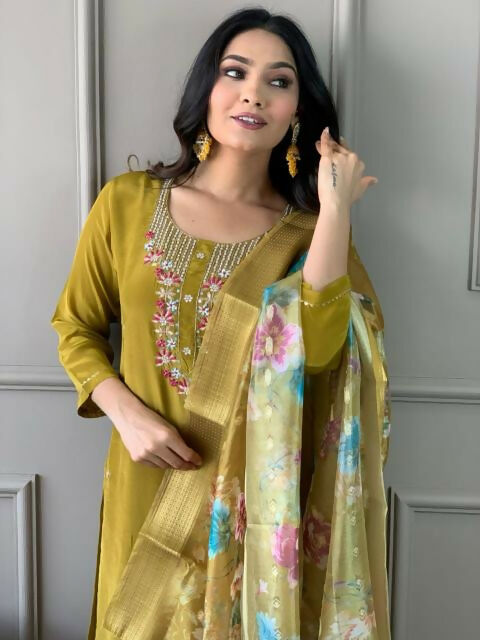 The52 Mustard Gorgeous Embroidered Viscose Chanderi Fabric Straight Kurta Pant with Dupatta Set
