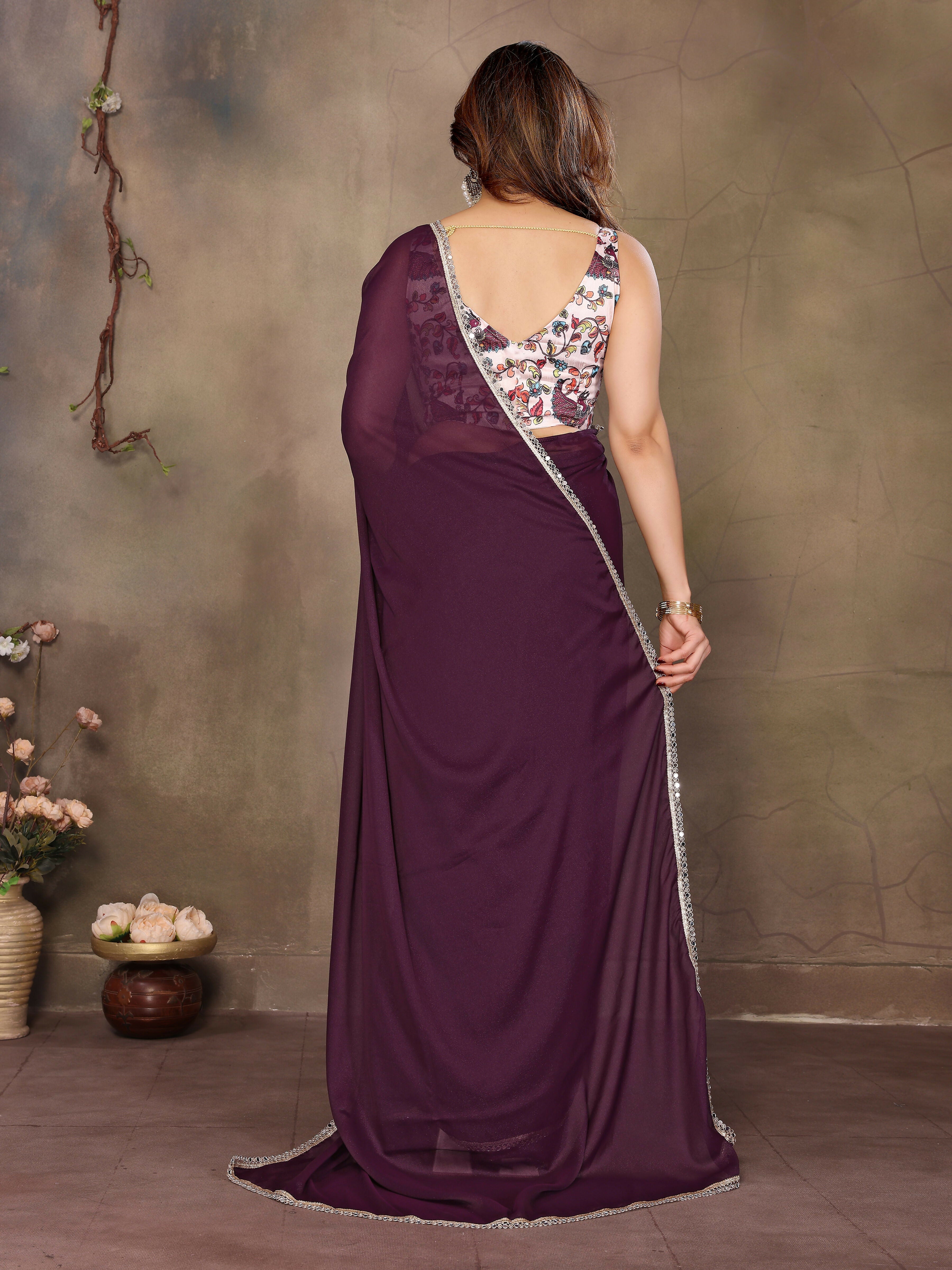 Partywear traditional Georgette Wine Fancy Saree - Anbazaar