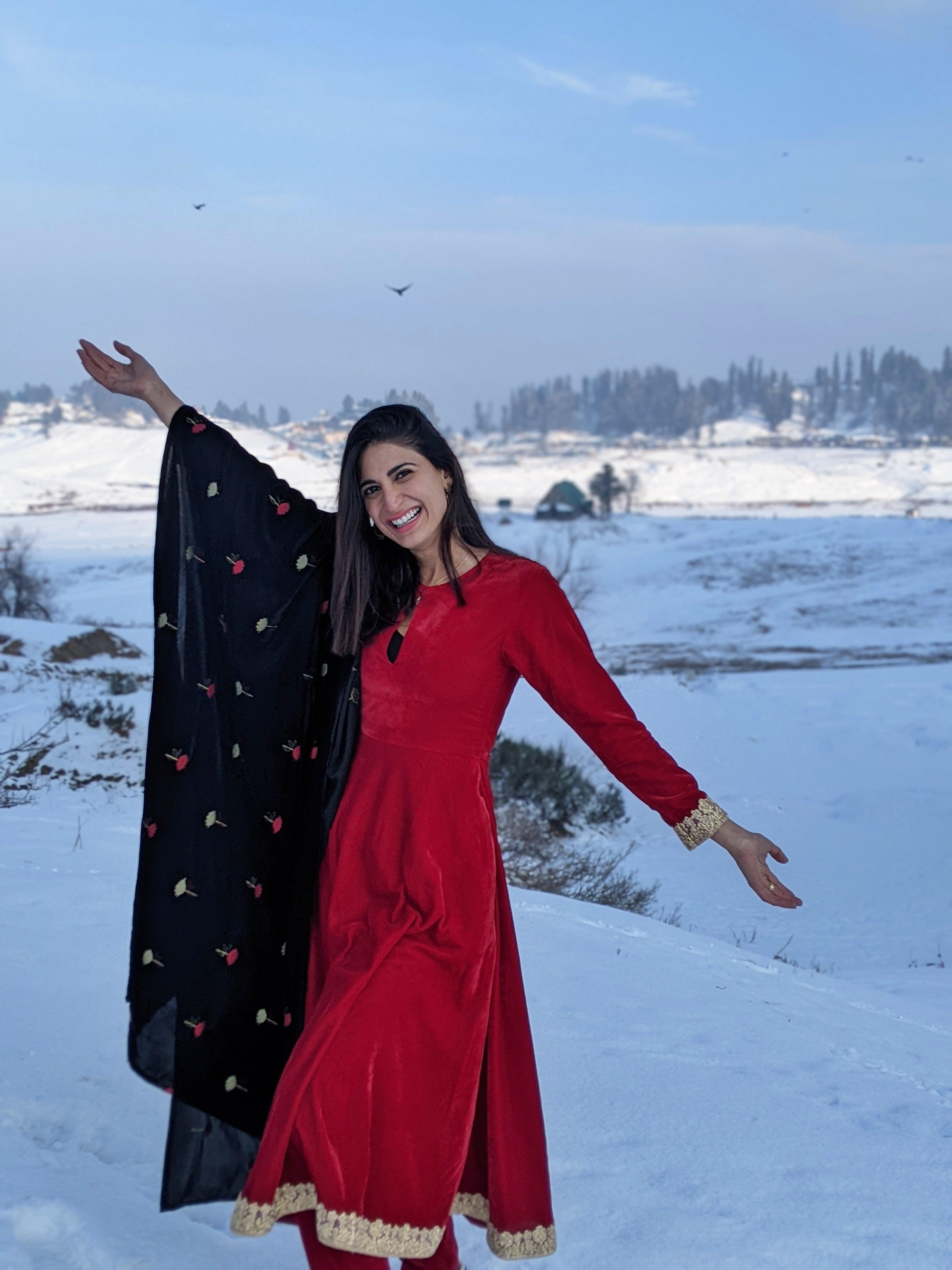 trueBrowns Red Velvet Flared Lace Kurta