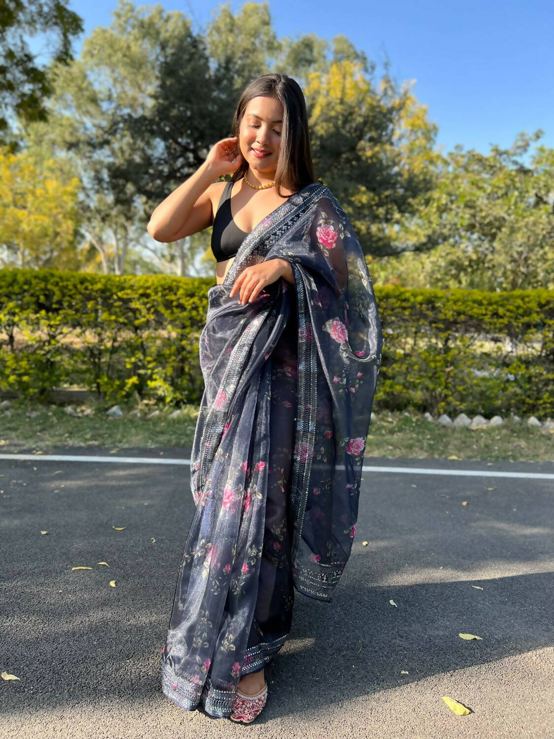 Vamsee Navy Blue Organza Saree