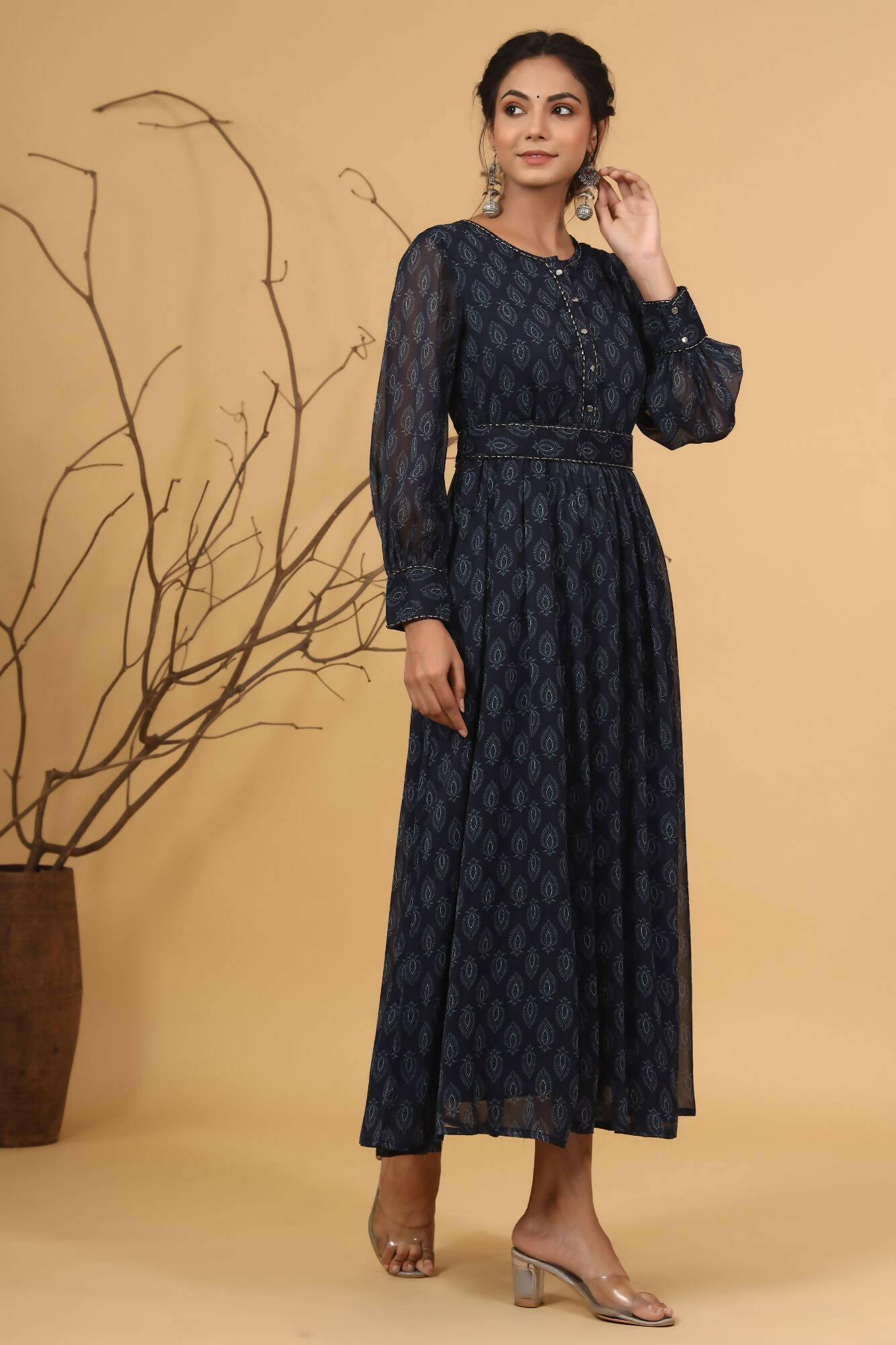 Juniper Women Navy Chiffon Printed Flared Dress