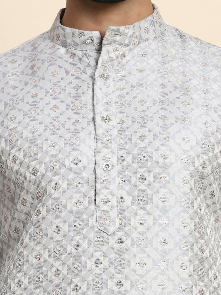 Grey Viscose Jacquard Woven Jacquard Designer Men's Rajwadi Kurta Set - Mahotsav