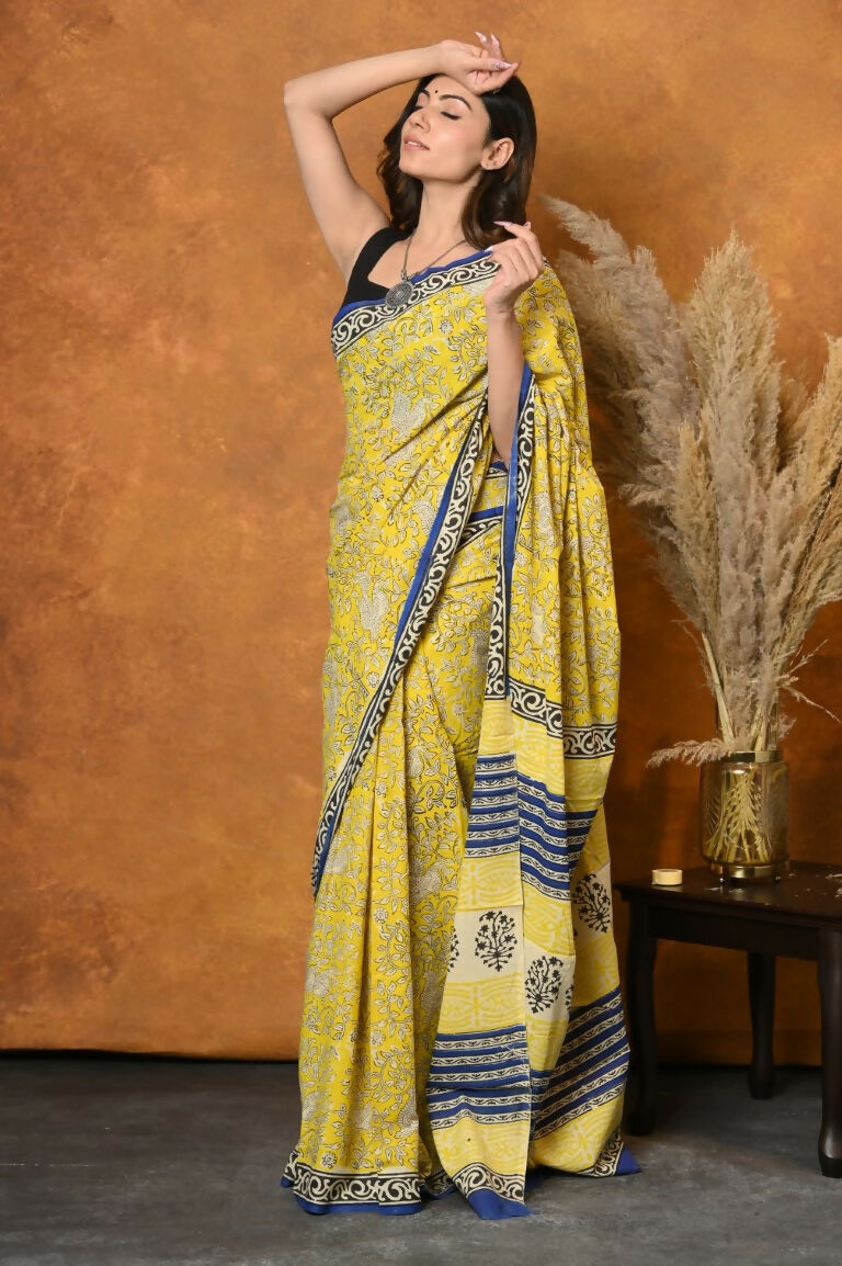 Very Much Indian Handblock Printed Cotton Saree With Natural Dyes - Green