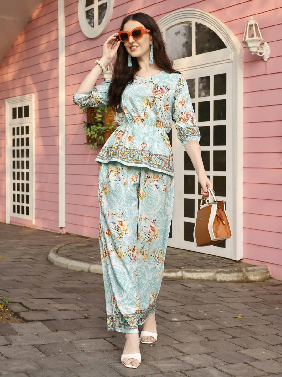 Aqua Blue Rayon Paisley & Floral Printed Top with Matching Bottom - Eesha