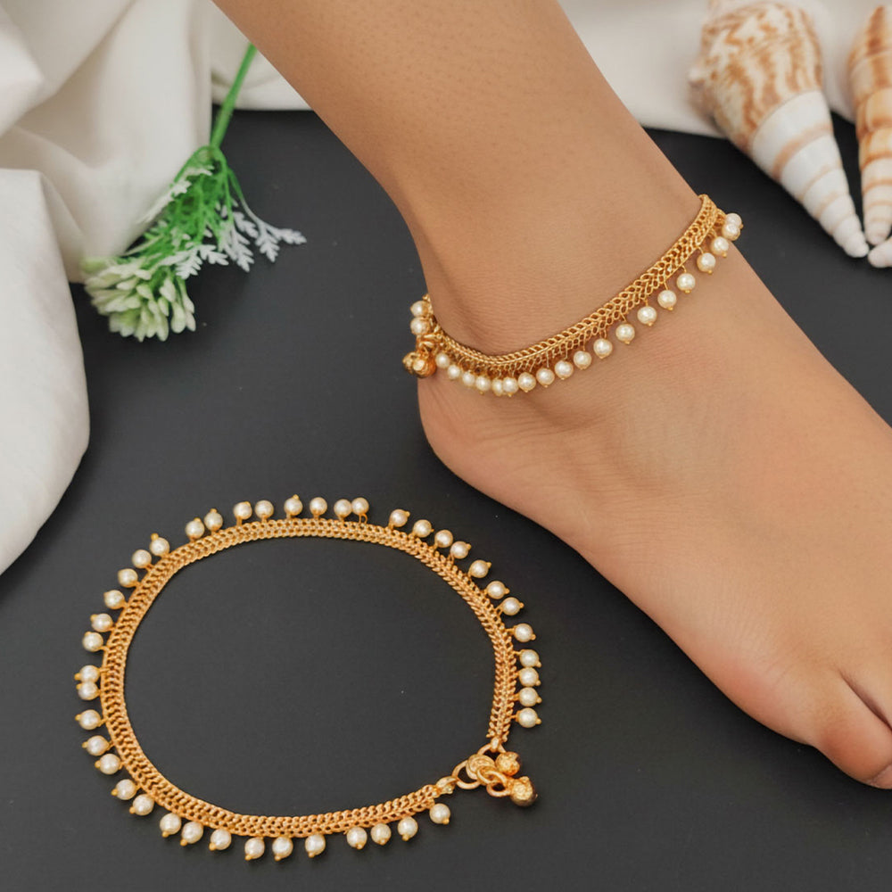 JS Fashion High Gold Pearl Drop Designer Payal for Women & Girls