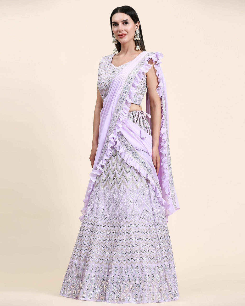 Lavender Pure Viscose Georgette Thread With Sequins Embroidery Work Lehenga Choli With Dupatta - Tanya
