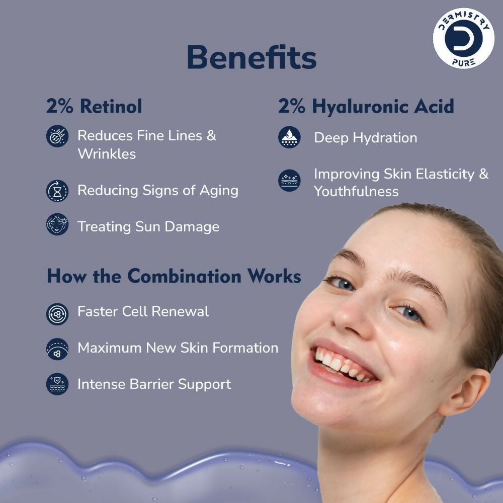 Dermistry Pure 2% Retinol 2% Hyaluronic Acid Anti Aging Moisturizer Fine Lines Wrinkles Face Serum