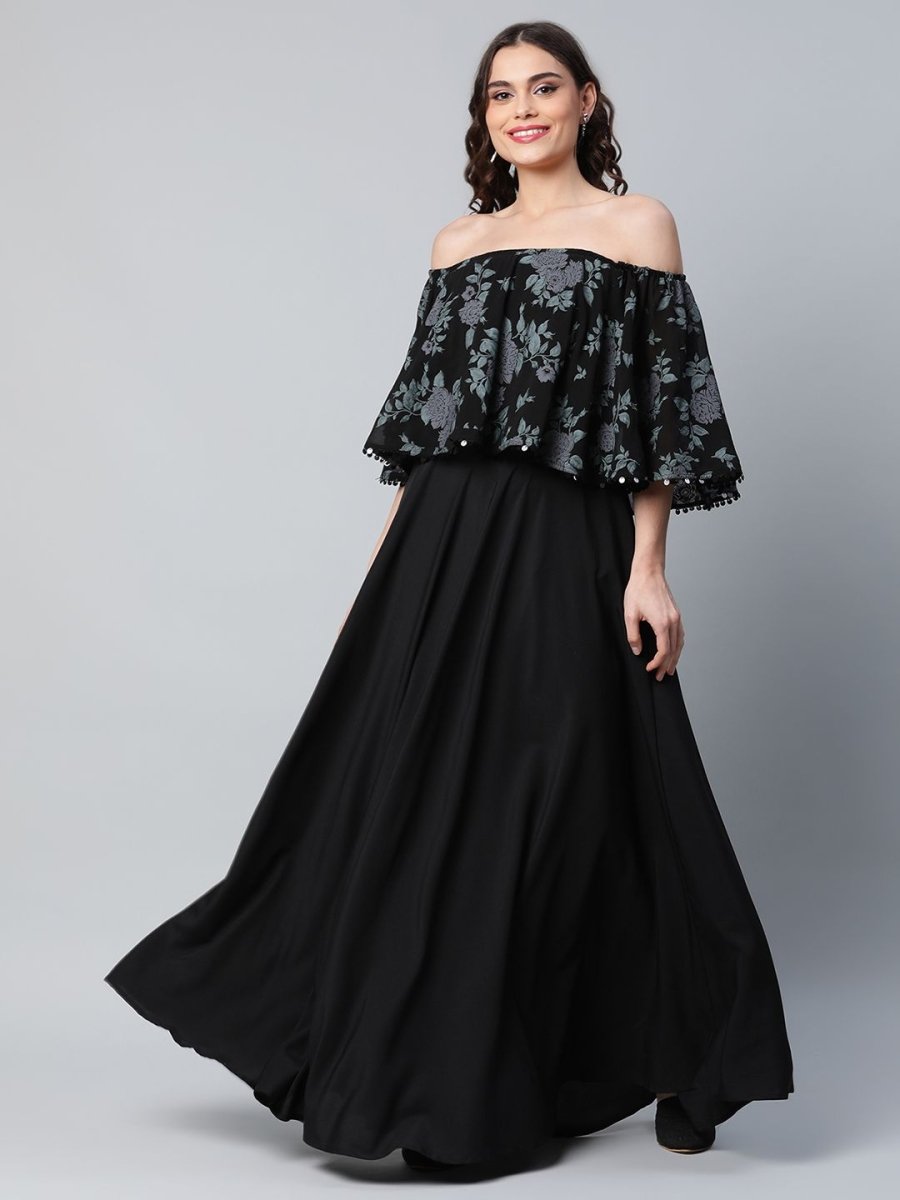 Ahalyaa Women Crepe Printed Black Dress