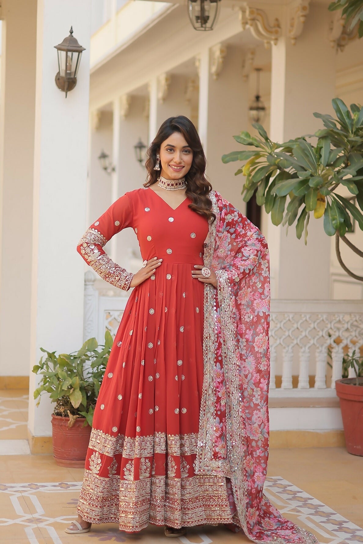 Joban Fashion Orange Georgette Sequence Embroidery Work Kurta Set