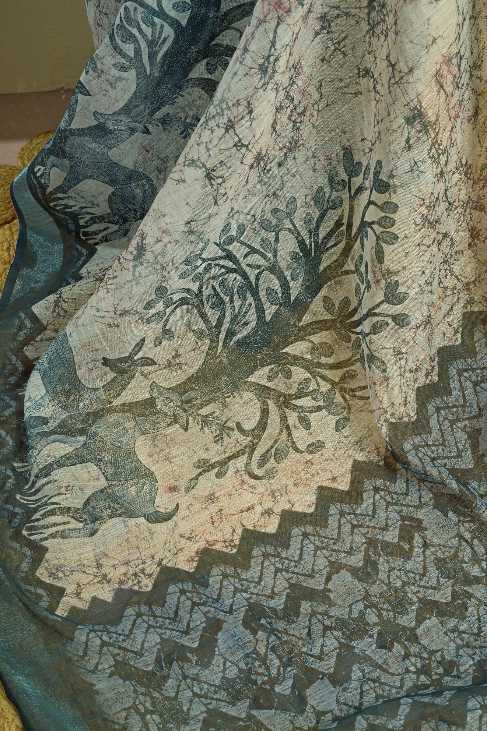 Vastranavya Digital Printed Linen Ready To Wear Designer Saree with Unstitched Blouse