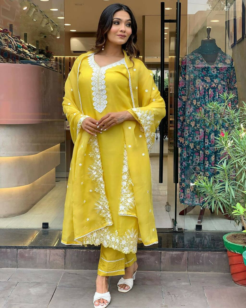 The52 Yellow Women's Gorgeous Embroidered Georgette Fabric Straight Kurta Pant with Dupatta Set