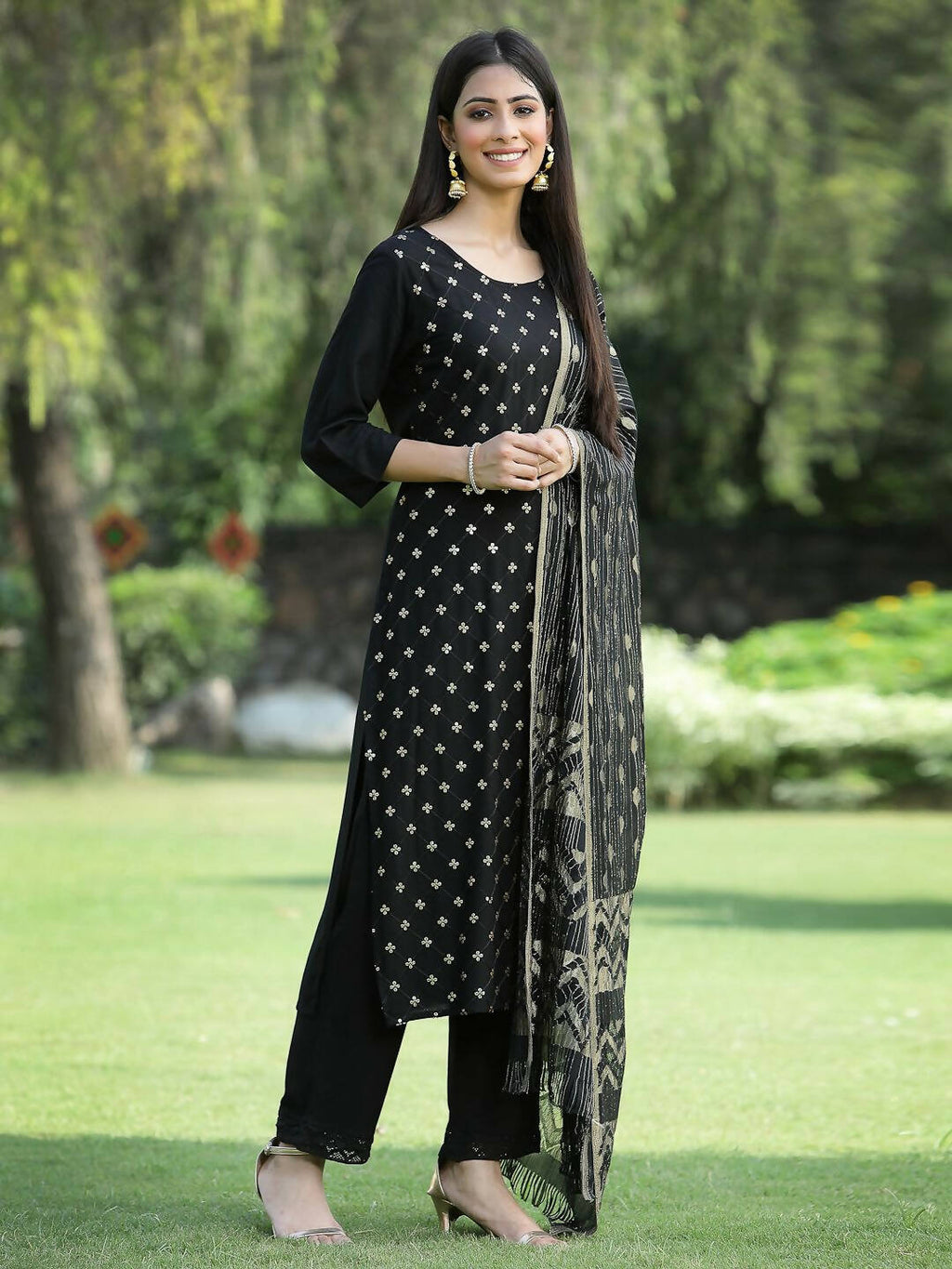 Juniper Women's Black Rayon Embellished Straight Kurta Sets