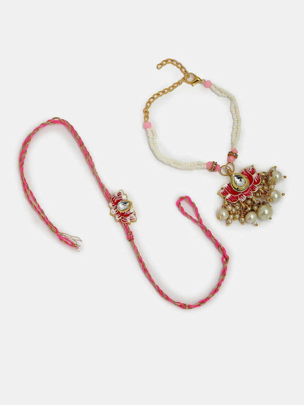 NVR Women & Men Set of 2 Pink Lotus Shape Kundan-Studded & Beaded Handcrafted Wraparound Rakhi Set With Roli Chawal