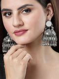 NVR Women's Silver Plated Mirror Work Oxidised Contemporary Jhumka Earrings
