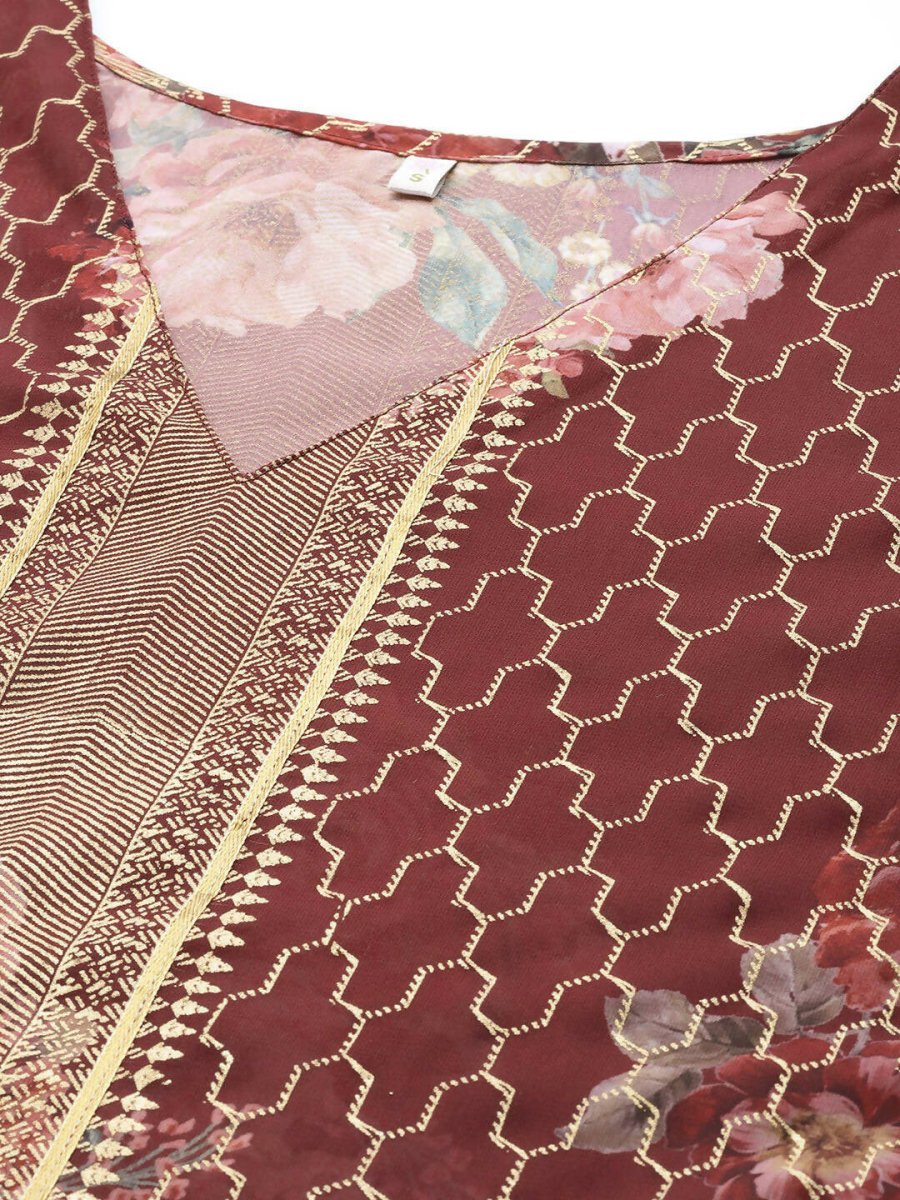 Ahalyaa Women Maroon Floral Printed Flared Sleeves Kaftan Kurta
