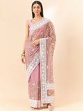 Pink Organza Floral Embroidered Saree with Unstitched Blouse Piece - Roozal