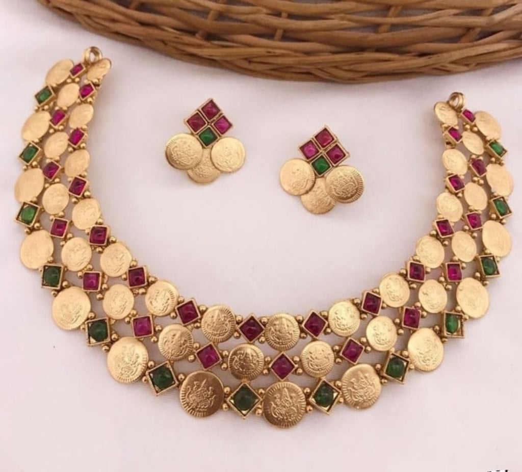 Jewel City Luxurious Temple Coin Necklace Set with Red Green Stones - Traditional South Indian Goddess Lakshmi Design Wedding Jewelry Collection