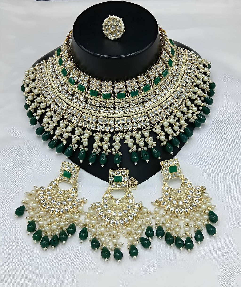 Jewel City Royal Pearl and Crystal Choker Set - Gold-Plated Wedding Jewelry with Earrings and Ring