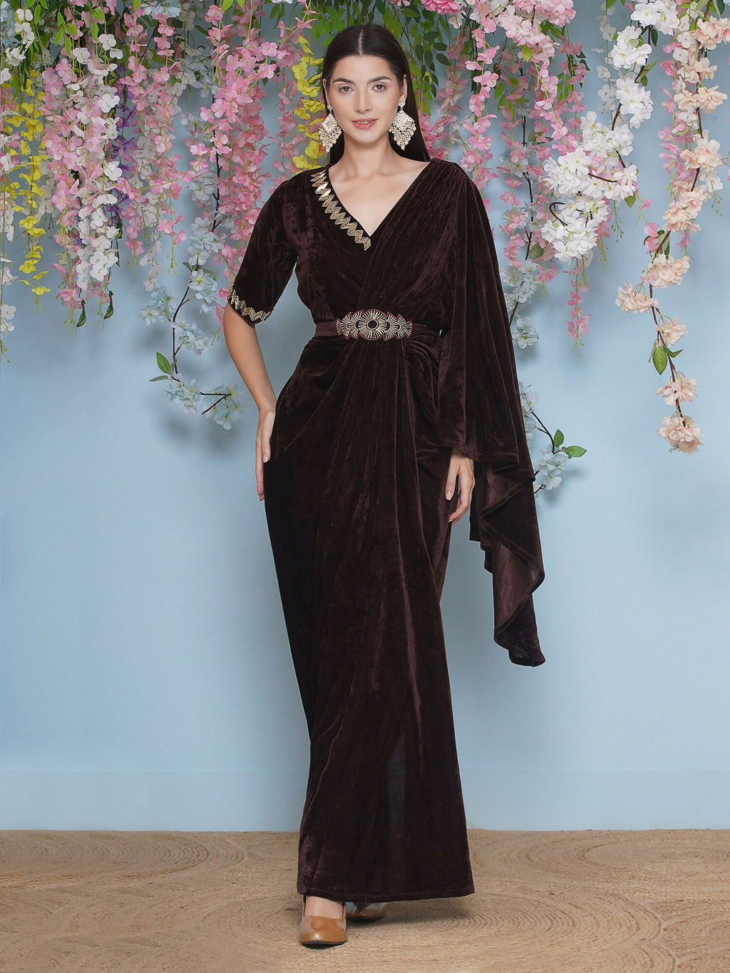 Joban Fashion Brown Hand Embellished Gown With Drape and Belt
