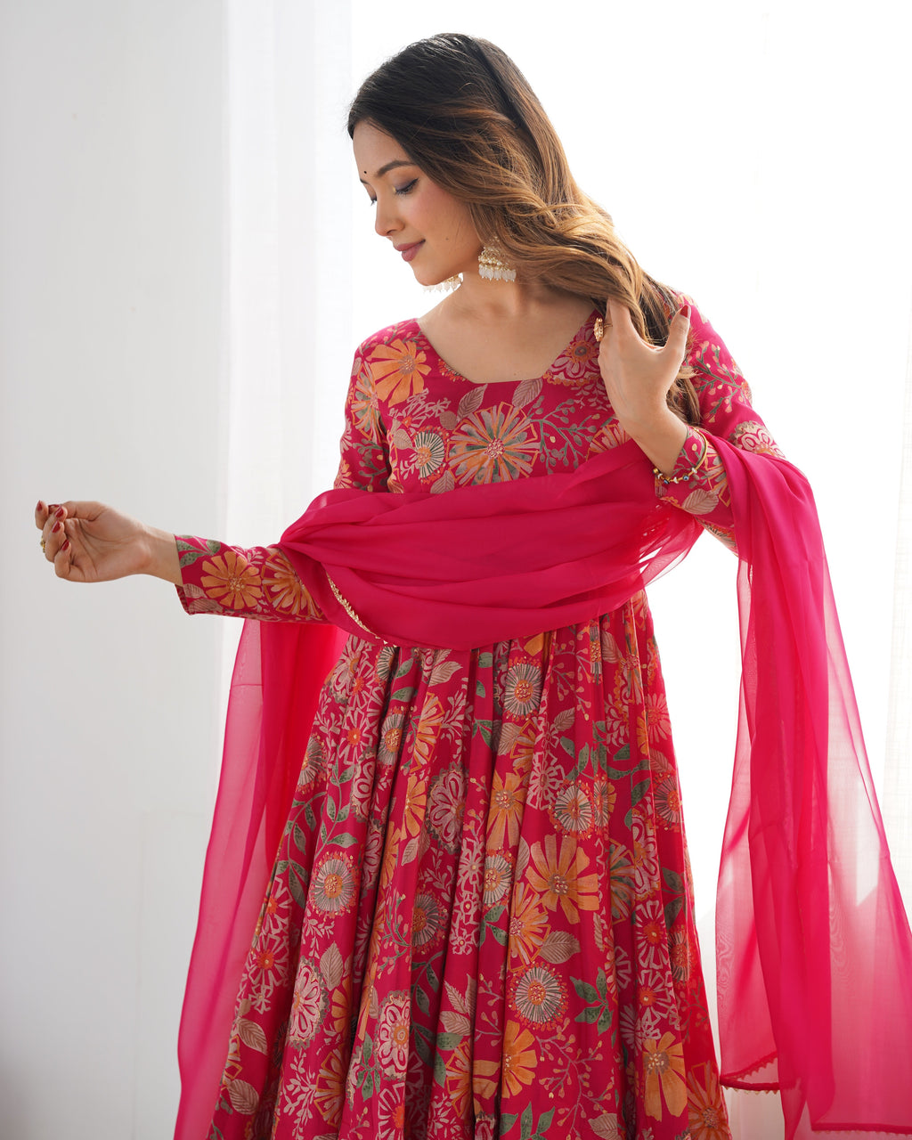 Lorenvalley Women Pure Soft Roman silk Chanderi Discharge Print Fabric Kediya Kurta Palazzo with Dupatta Set - Ranipink
