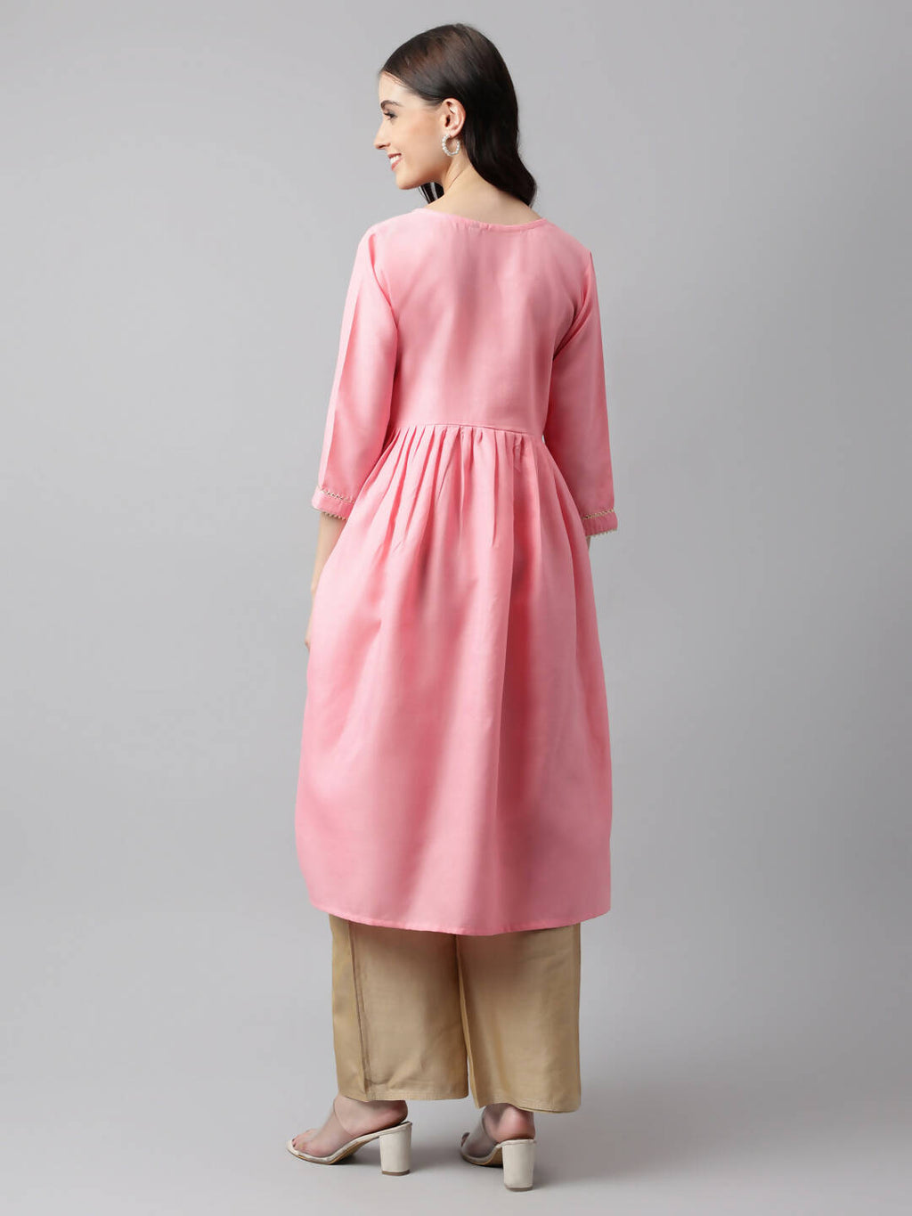Pink Poly Cotton Solid Nayra Cut Kurta - Tirtha