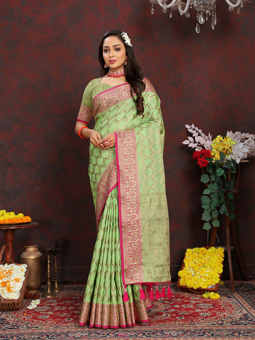 Lorenvalley Fashion Parotgreen Soft Katan Silk Woven Design Rich Zari Weaving Pallu Saree