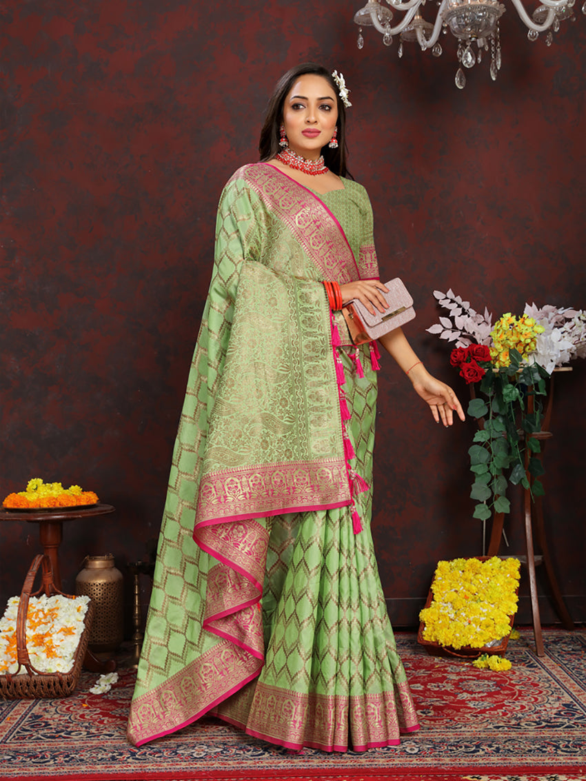 Lorenvalley Fashion Parotgreen Soft Katan Silk Woven Design Rich Zari Weaving Pallu Saree