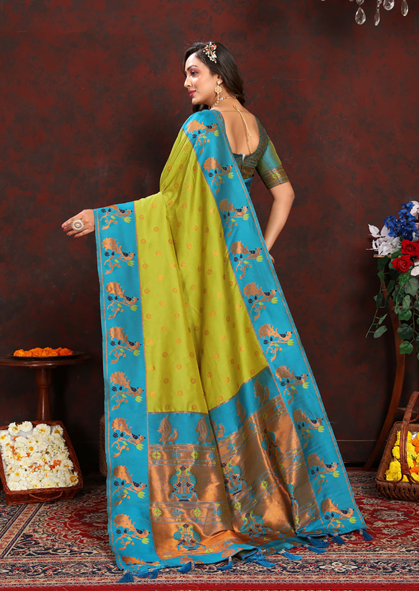 Lorenvalley Fashion Parotgreen Soft Paithani Silk Woven Design Rich Zari Meenakari Weaving Saree